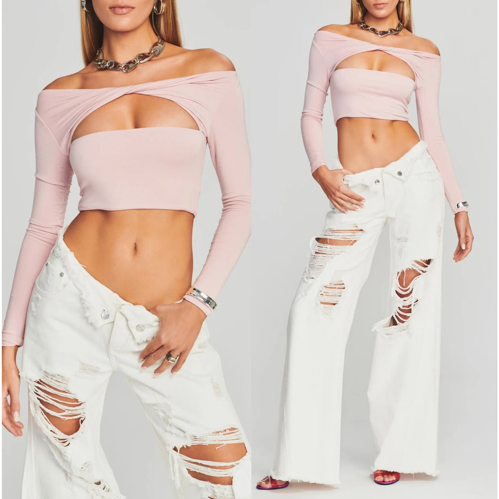 SER.O.YA Ellis Top Long Sleeve Twist Front Cut Out Cropped Pastel Pink NWT Large